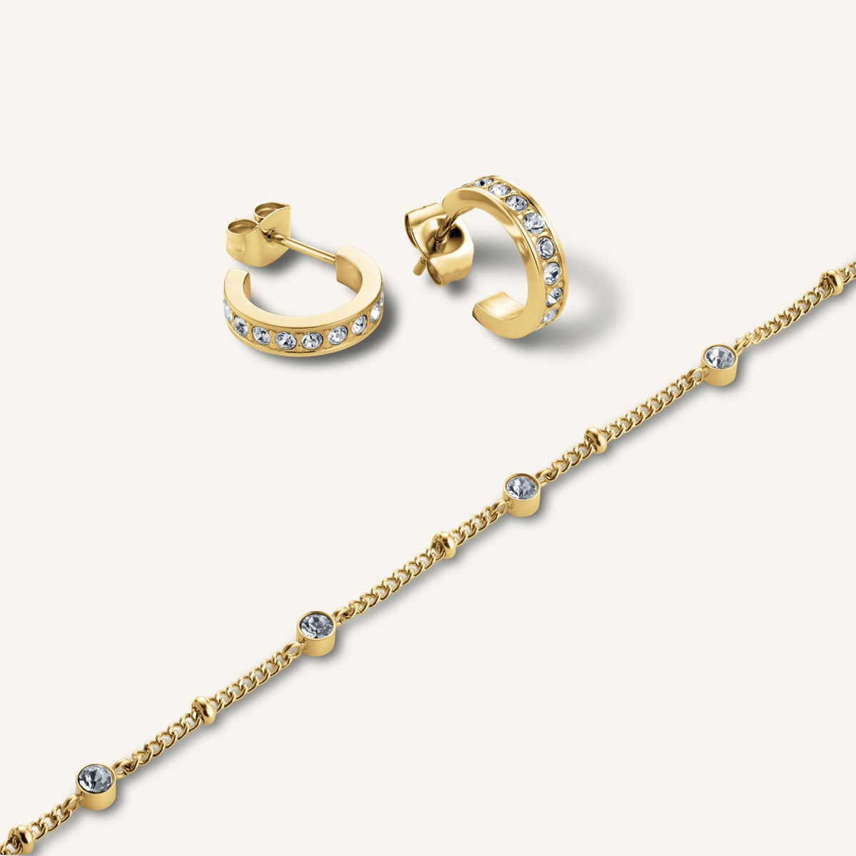 Multi Crystal Bracelet + Crystal Hoops leftcolumn